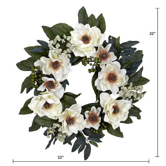 22" White Magnolia Wreath